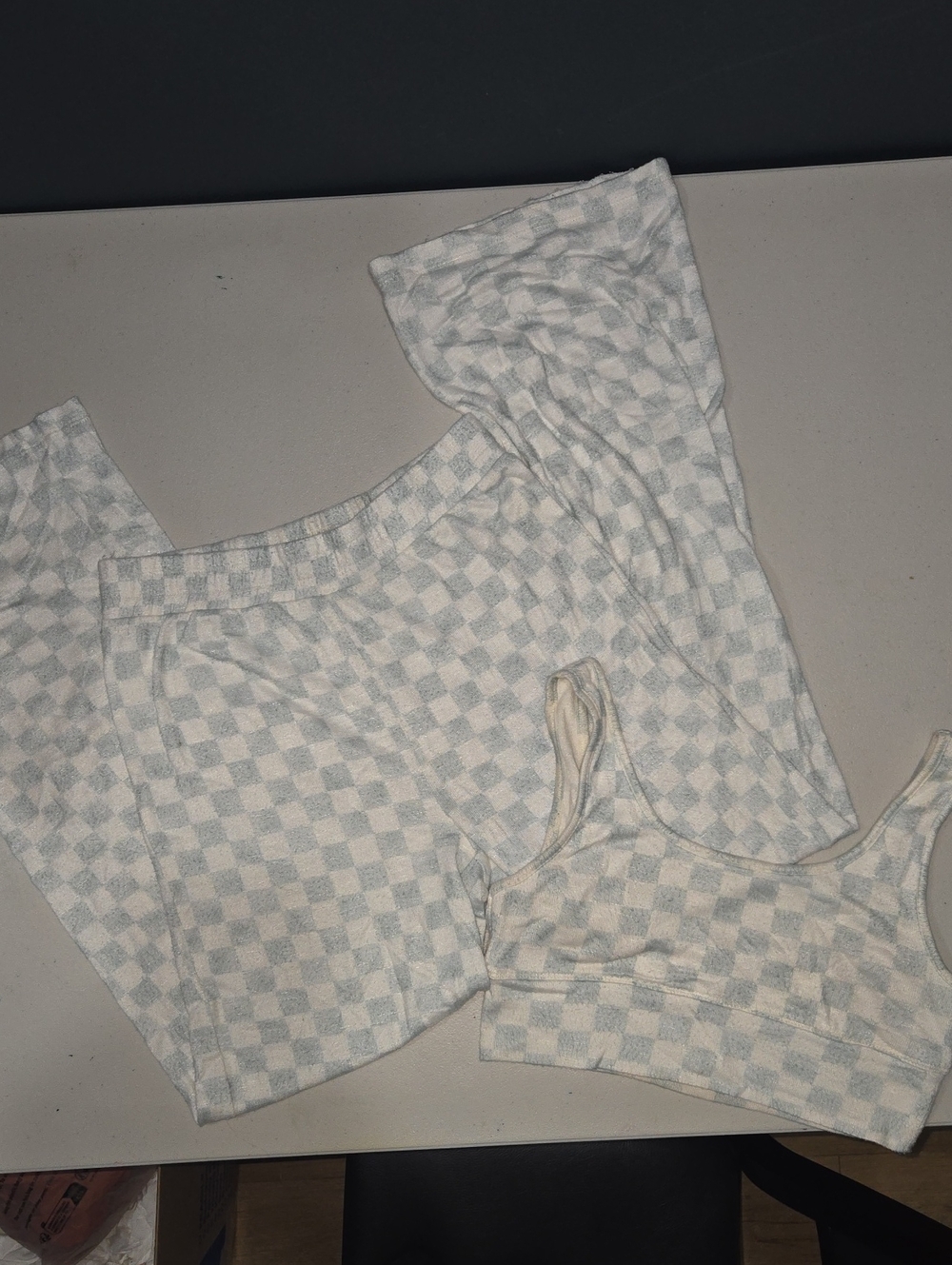 Checker Knit Lounge Set — Light Gray & Cream Bralette and Pants